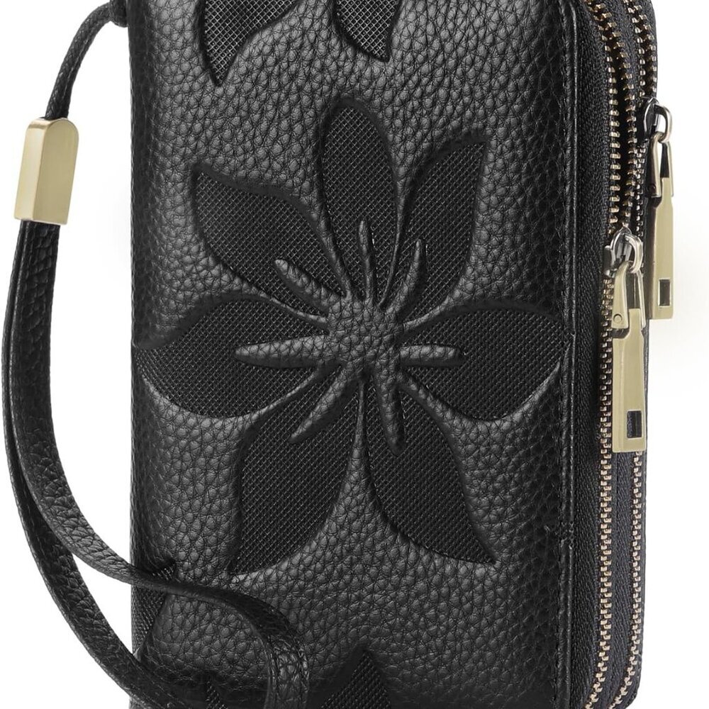 Black 6.1x3.94x1.57 inch Women's RFID Double Zip Leather Wallet Wristlet Purse